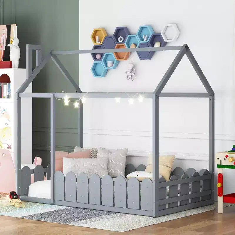 Bellemave Twin Montessori Floor Bed Frame for Kids; Wooden House Bed with Fence; Low Floor Toddler Bed; Gray