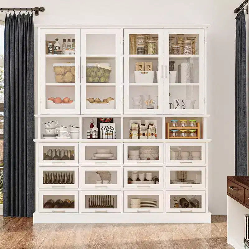 Famapy Multi-Functional Kitchen Cabinet & Pantry;Large - Capacity Food Storage Cabinet with Glass Doors;Easy Organization & Display for Home Kitchen