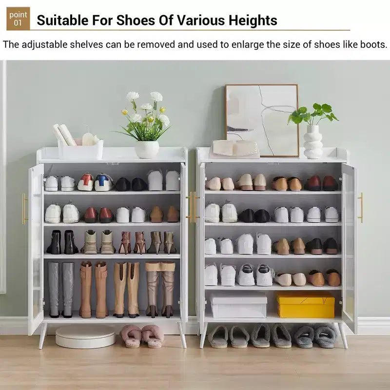 Meuble de rangement pour chaussures avec portes en verre ; Meuble à chaussures à 5 niveaux avec pieds robustes