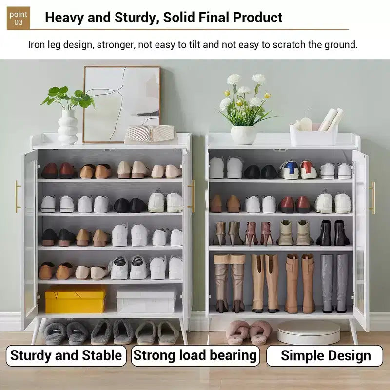 Meuble de rangement pour chaussures avec portes en verre ; Meuble à chaussures à 5 niveaux avec pieds robustes