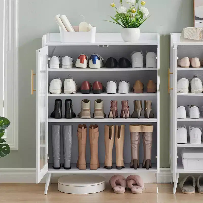 Meuble de rangement pour chaussures avec portes en verre ; Meuble à chaussures à 5 niveaux avec pieds robustes