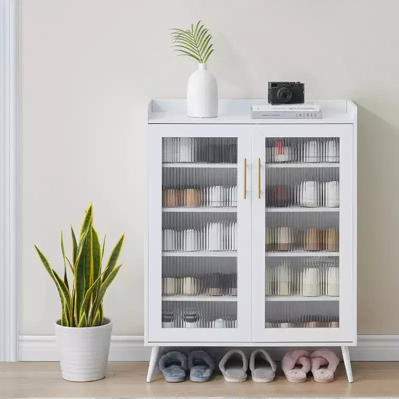 Meuble de rangement pour chaussures avec portes en verre ; Meuble à chaussures à 5 niveaux avec pieds robustes