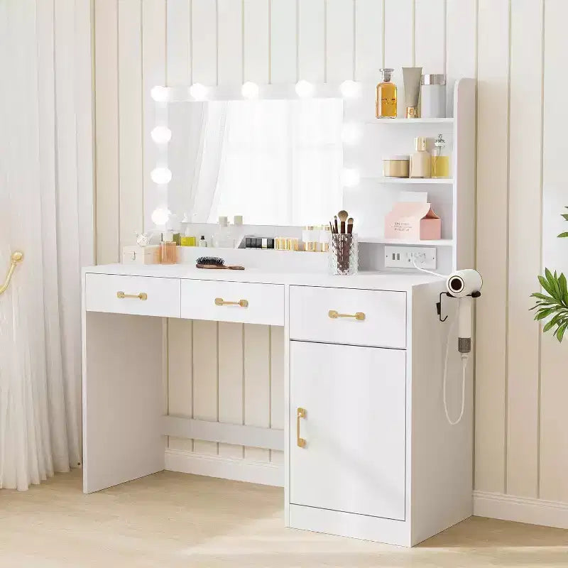 Acekool Makeup Vanity Desk with Mirror; Charging Station; 3 Drawers; Cabinet & Open Shelves; Dressing Table for Bedroom; White