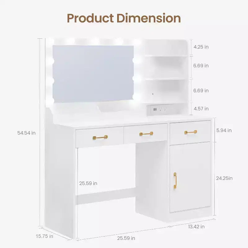Coiffeuse avec miroir, meuble de rangement et étagères ouvertes