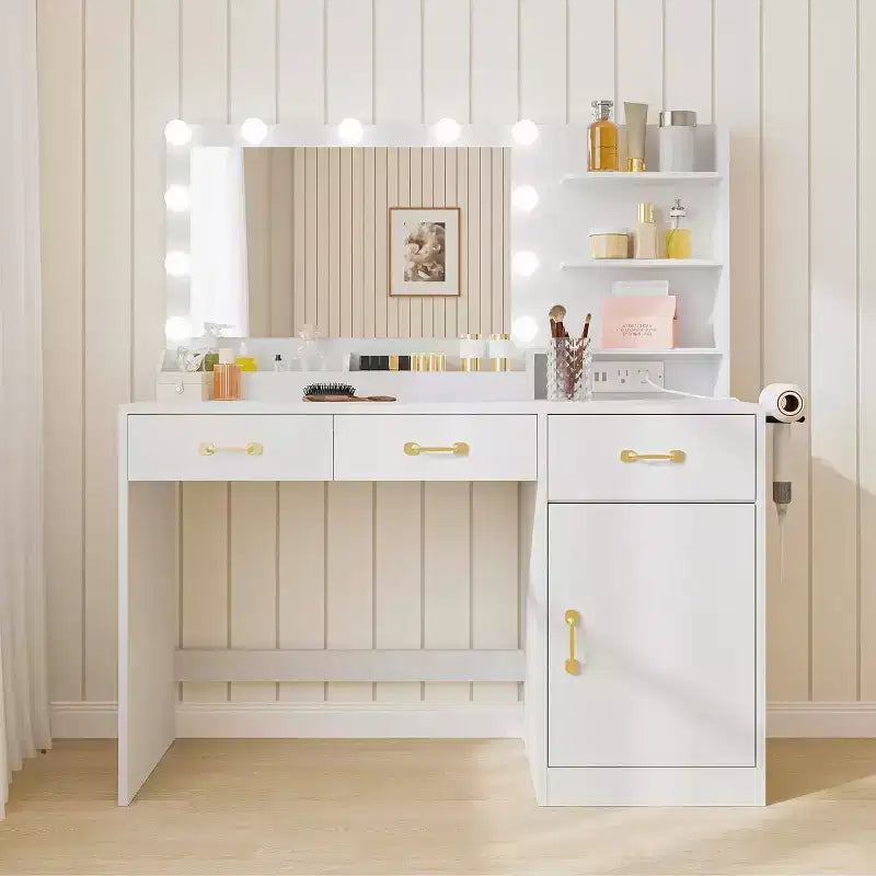 Coiffeuse avec miroir, meuble de rangement et étagères ouvertes