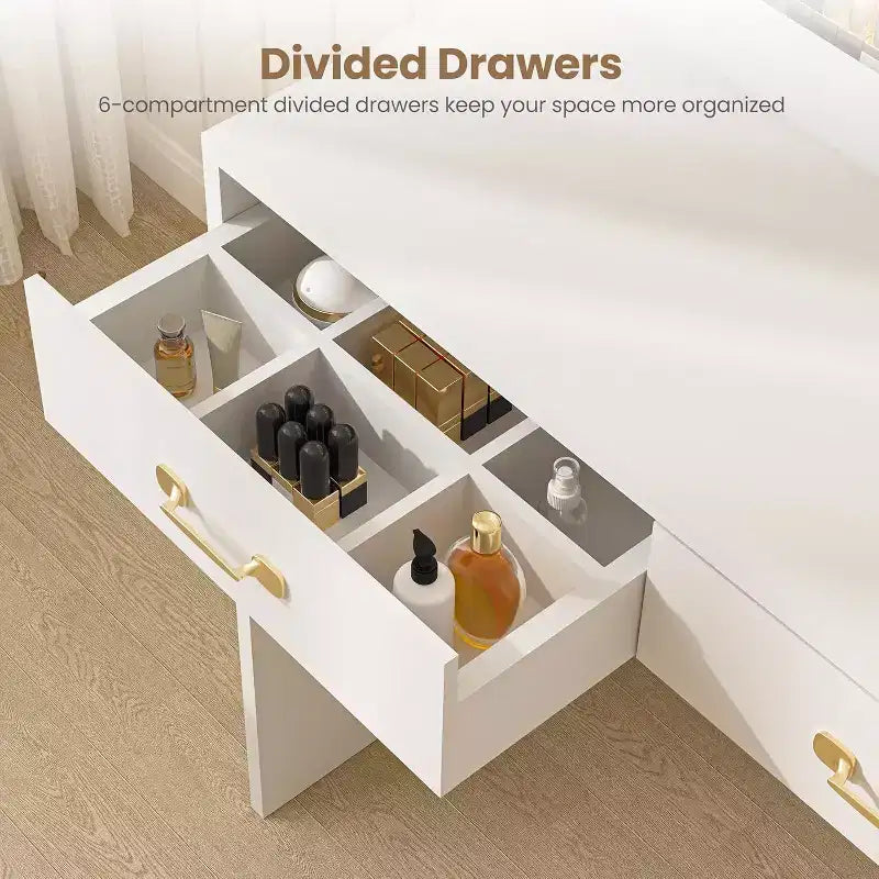 Coiffeuse avec miroir, meuble de rangement et étagères ouvertes