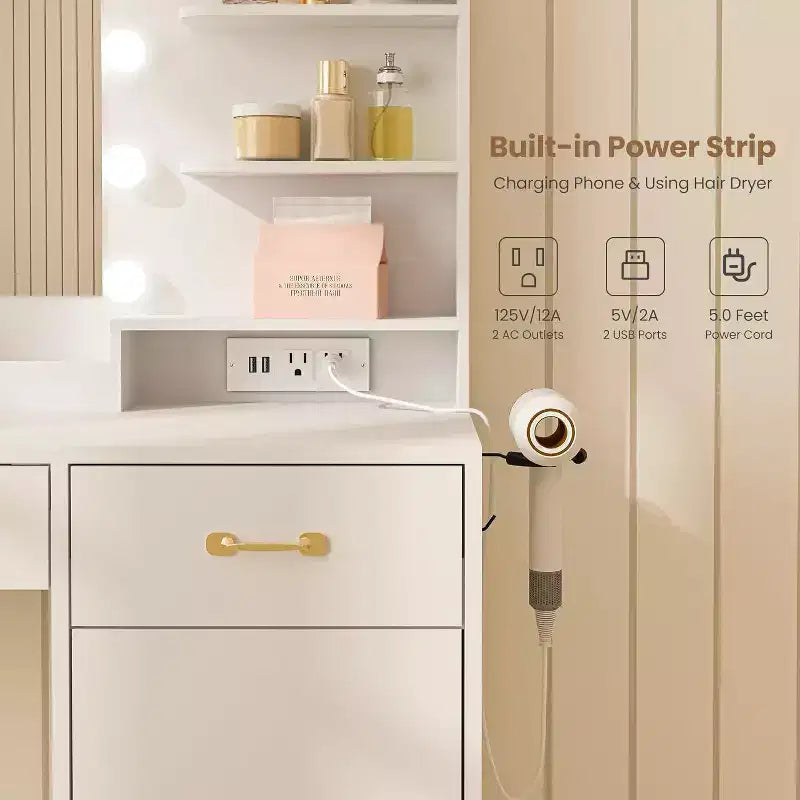 Coiffeuse avec miroir, meuble de rangement et étagères ouvertes