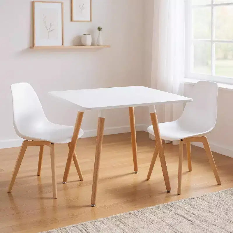 Table à manger carrée en bois massif, bois clair et blanc
