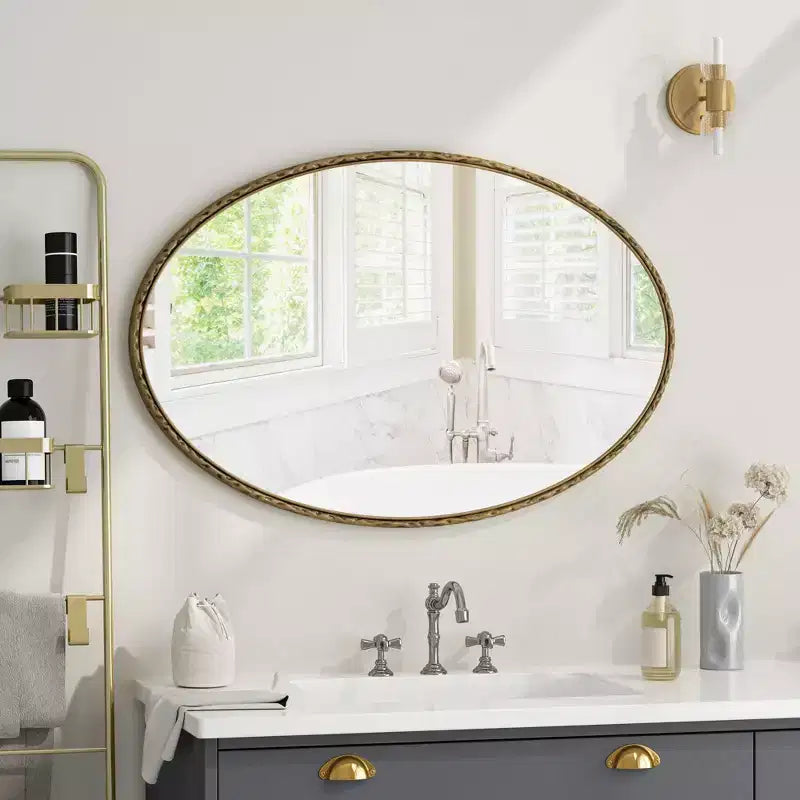 Miroir de salle de bain ovale vintage avec cadre en métal ; Miroir mural à effet vieilli