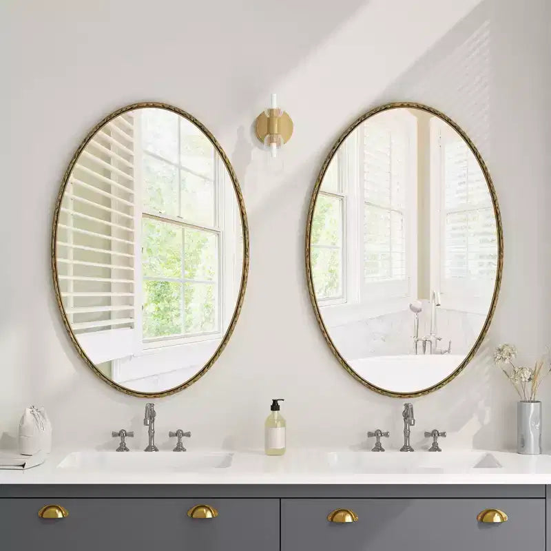 Miroir de salle de bain ovale vintage avec cadre en métal ; Miroir mural à effet vieilli