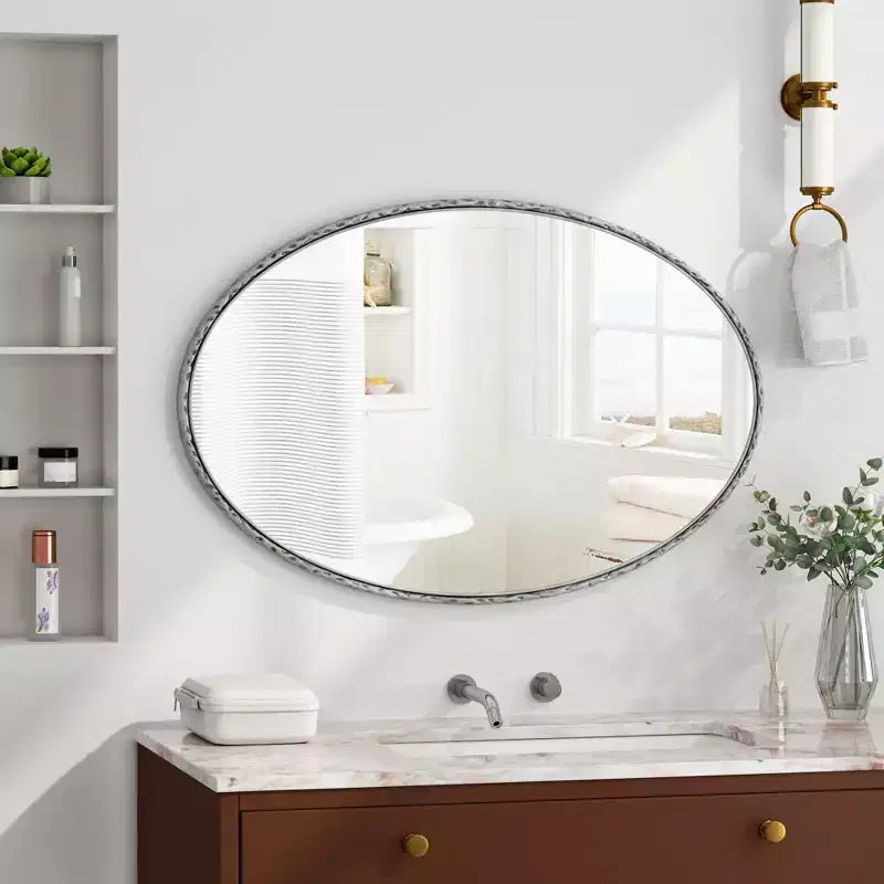 Miroir de salle de bain ovale vintage avec cadre en métal ; Miroir mural à effet vieilli