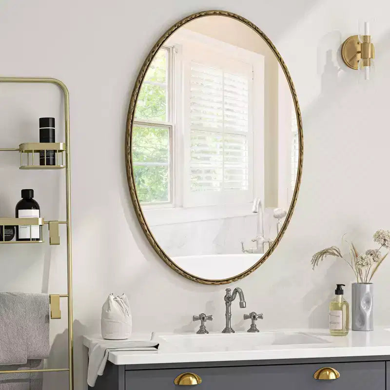 Miroir de salle de bain ovale vintage avec cadre en métal ; Miroir mural à effet vieilli
