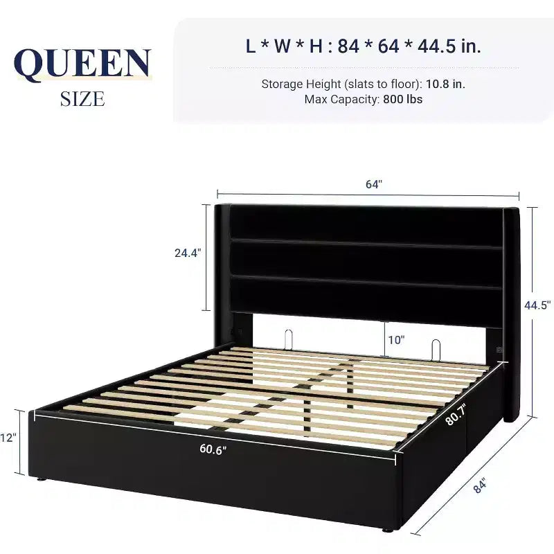 Lit capitonné en velours avec rangement relevable ; Cadre de lit plateforme à tête d'aile