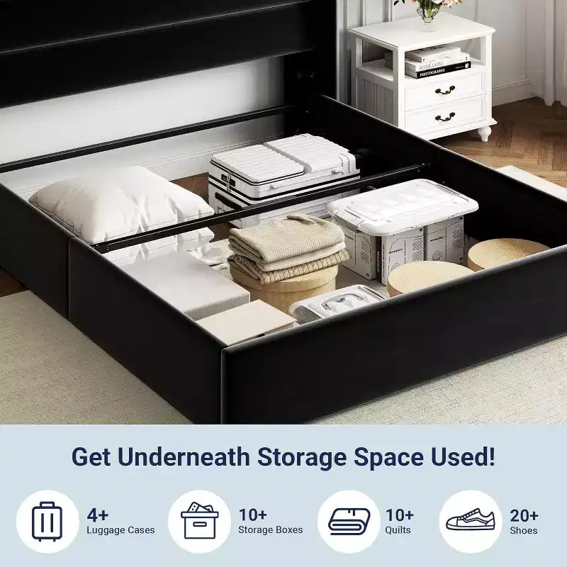 Lit capitonné en velours avec rangement relevable ; Cadre de lit plateforme à tête d'aile
