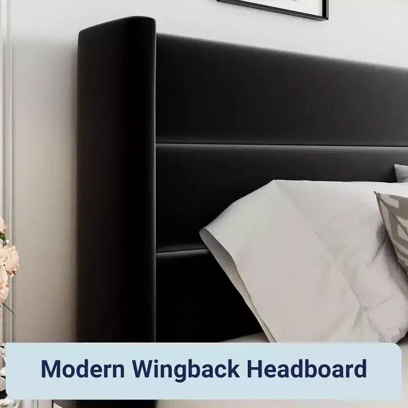 Lit capitonné en velours avec rangement relevable ; Cadre de lit plateforme à tête d'aile