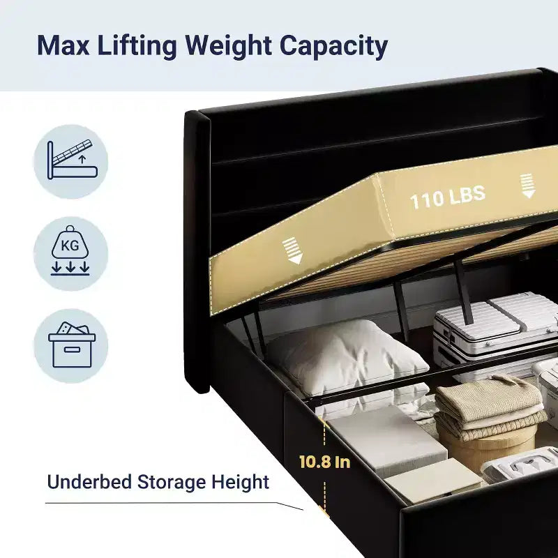 Lit capitonné en velours avec rangement relevable ; Cadre de lit plateforme à tête d'aile