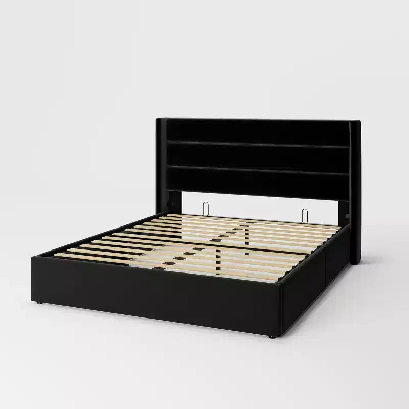 Lit capitonné en velours avec rangement relevable ; Cadre de lit plateforme à tête d'aile