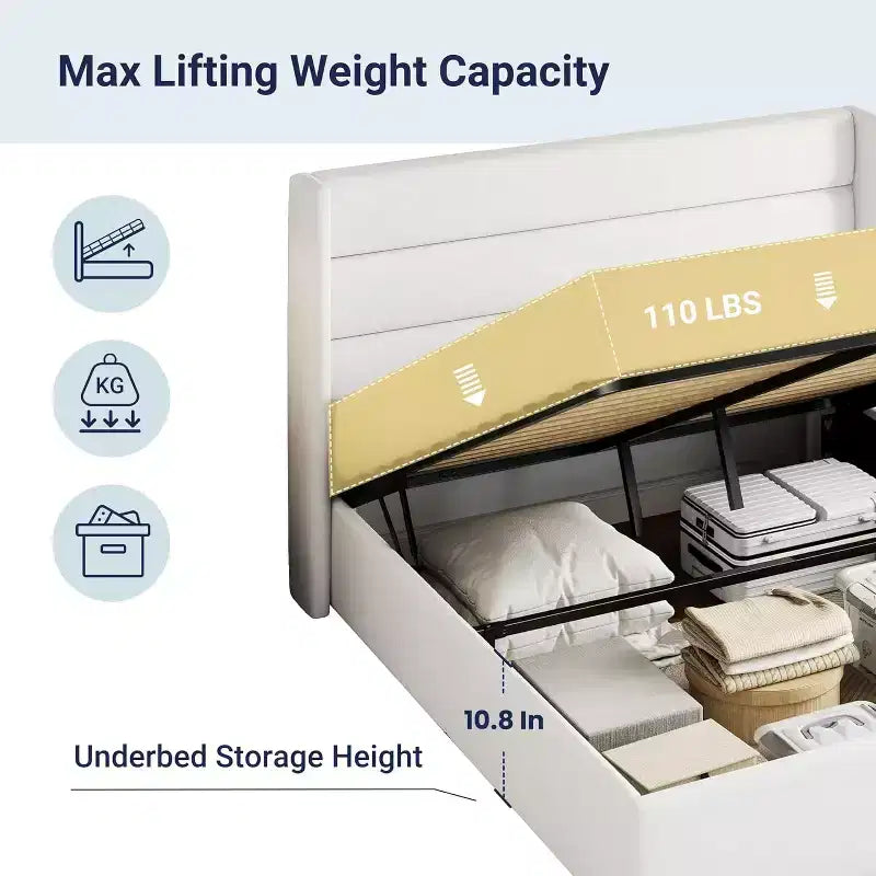 Lit capitonné en velours avec rangement relevable ; Cadre de lit plateforme à tête d'aile