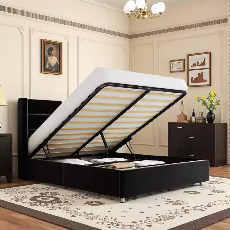 Lit capitonné en velours avec rangement relevable ; Cadre de lit plateforme à tête d'aile