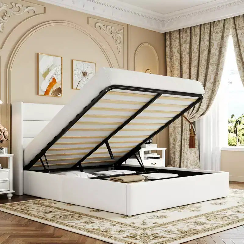 Velvet Upholstered Bed with Lift Up Storage; Wingback Platform Bed Frame; No Box Spring Needed