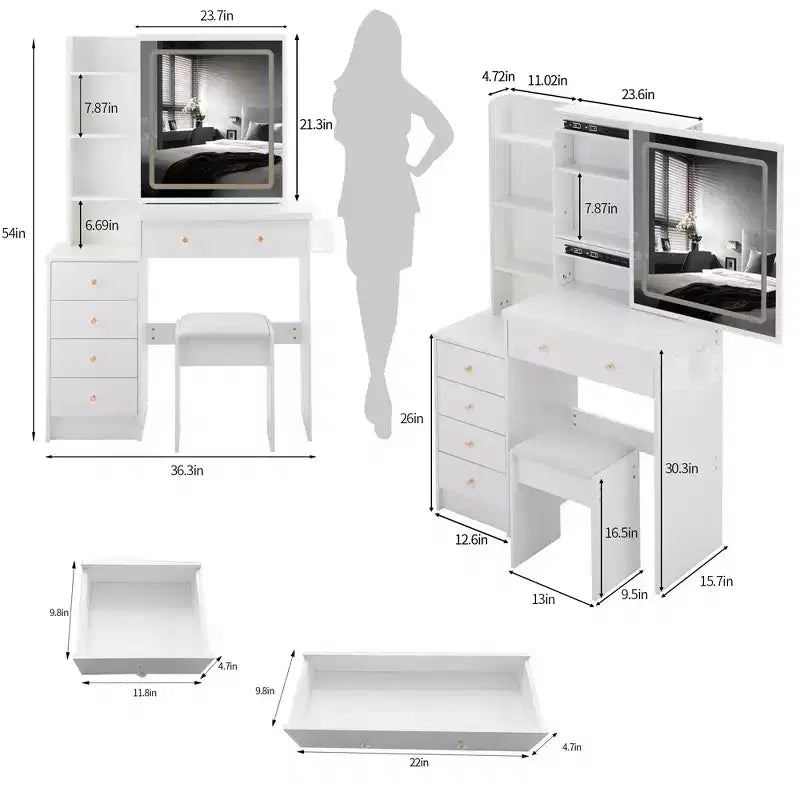 Coiffeuse contemporaine avec tabouret rembourré ; Miroir coulissant à LED