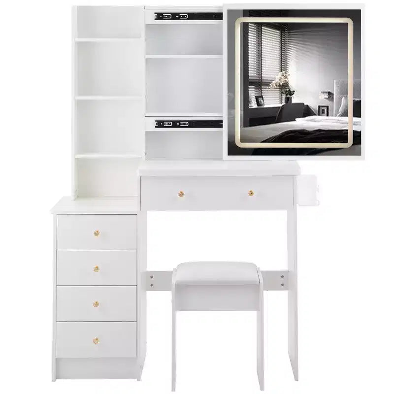 Coiffeuse contemporaine avec tabouret rembourré ; Miroir coulissant à LED