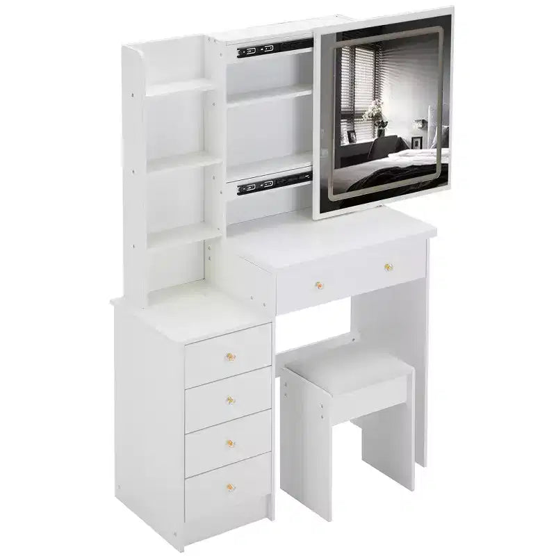 Coiffeuse contemporaine avec tabouret rembourré ; Miroir coulissant à LED