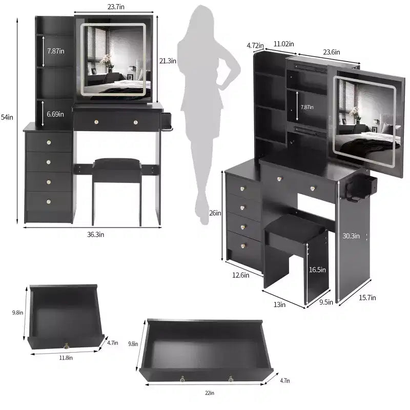 Coiffeuse contemporaine avec tabouret rembourré ; Miroir coulissant à LED