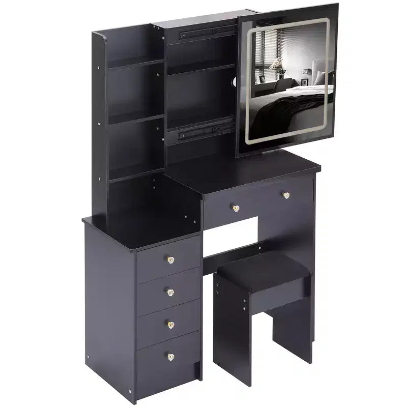 Coiffeuse contemporaine avec tabouret rembourré ; Miroir coulissant à LED