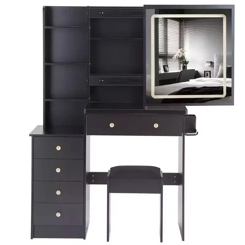 Coiffeuse contemporaine avec tabouret rembourré ; Miroir coulissant à LED