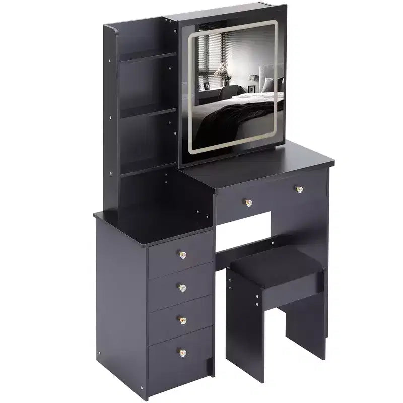 Coiffeuse contemporaine avec tabouret rembourré ; Miroir coulissant à LED