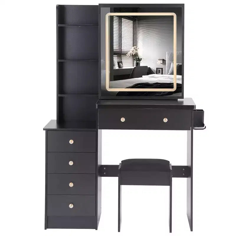 Contemporary Makeup Vanity with Padded Stool; LED Sliding Mirror; Touch-Sensitive 3 Color Lighting; Dual AC Outlets & USB Charging Ports