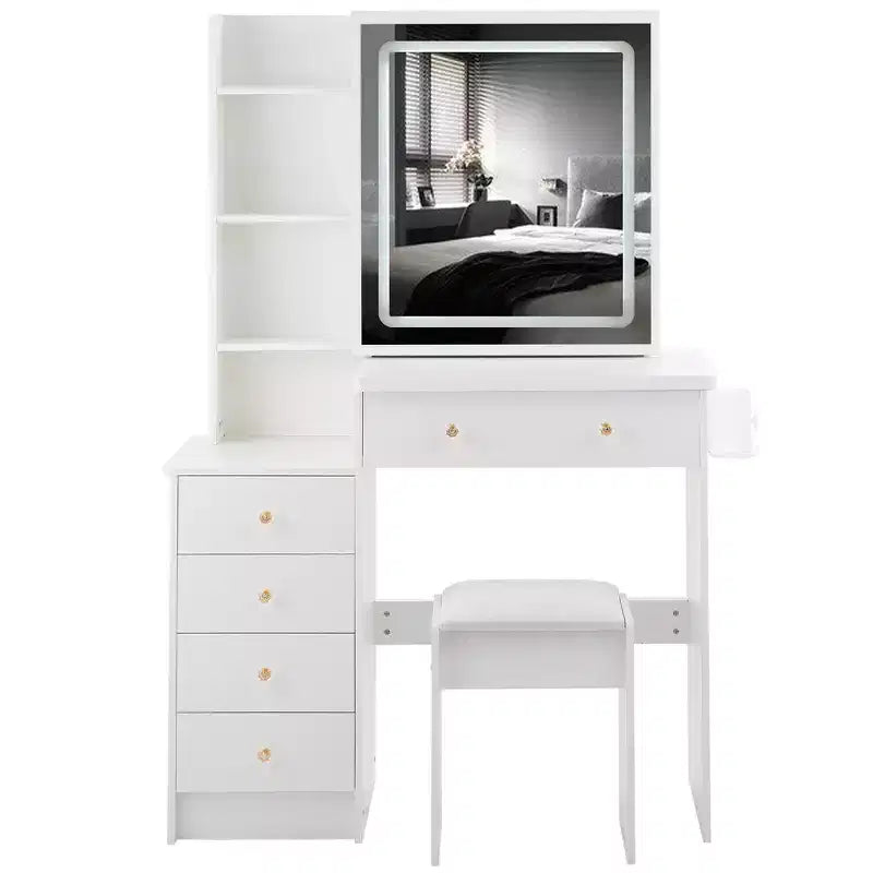 Coiffeuse contemporaine avec tabouret rembourré ; Miroir coulissant à LED