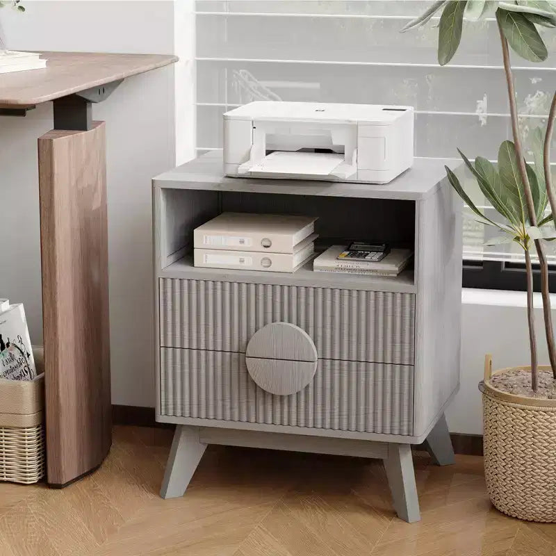 Fluted Wood Nightstands with Charging Station; 2 Drawers & Open Shelf for Bedroom or Living Room