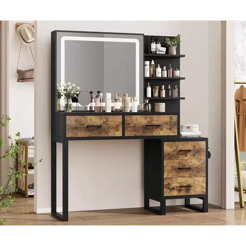Vanity Desk with LED Mirror; Makeup Vanity Table with Drawers; Cabinet; Dressing Table with Open Storage Shelves for Bedroom; Dressing Room