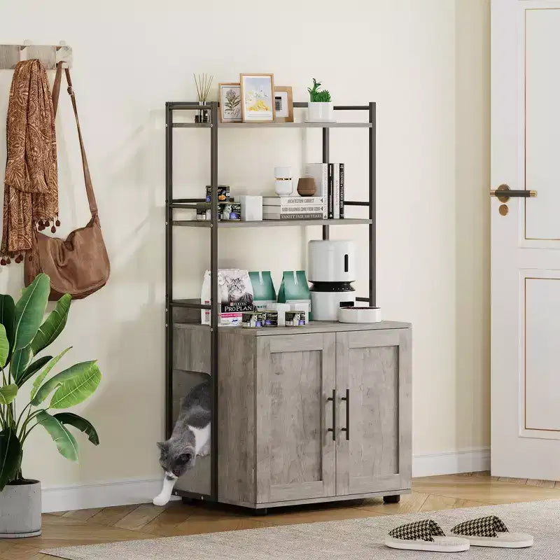 55Cat Litter Box Enclosure; Hidden Cat Washroom Cabinet with 2 Tier Storage Shelves and Doors; Hidden Litter Box Furniture for Plants; Food & Decor