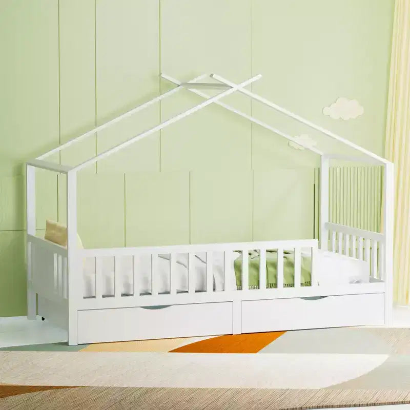 Lit enfant cabane complet en bois moderne avec 2 tiroirs de rangement