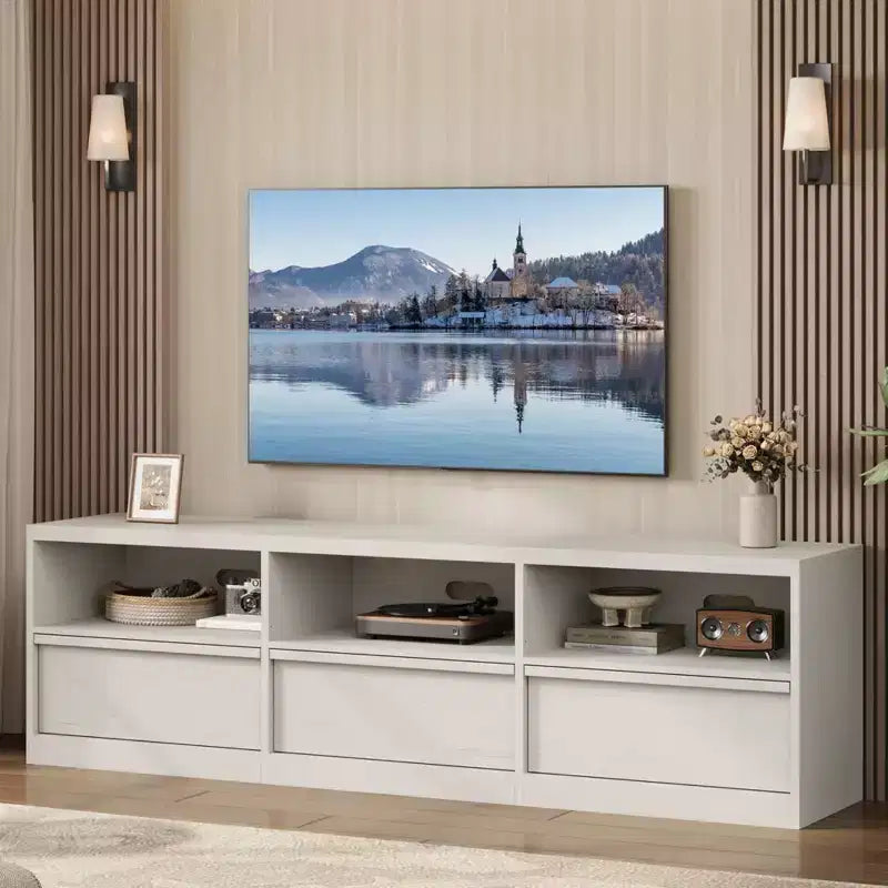 Meuble TV de divertissement moderne du milieu du siècle avec tiroir de rangement et étagères ouvertes