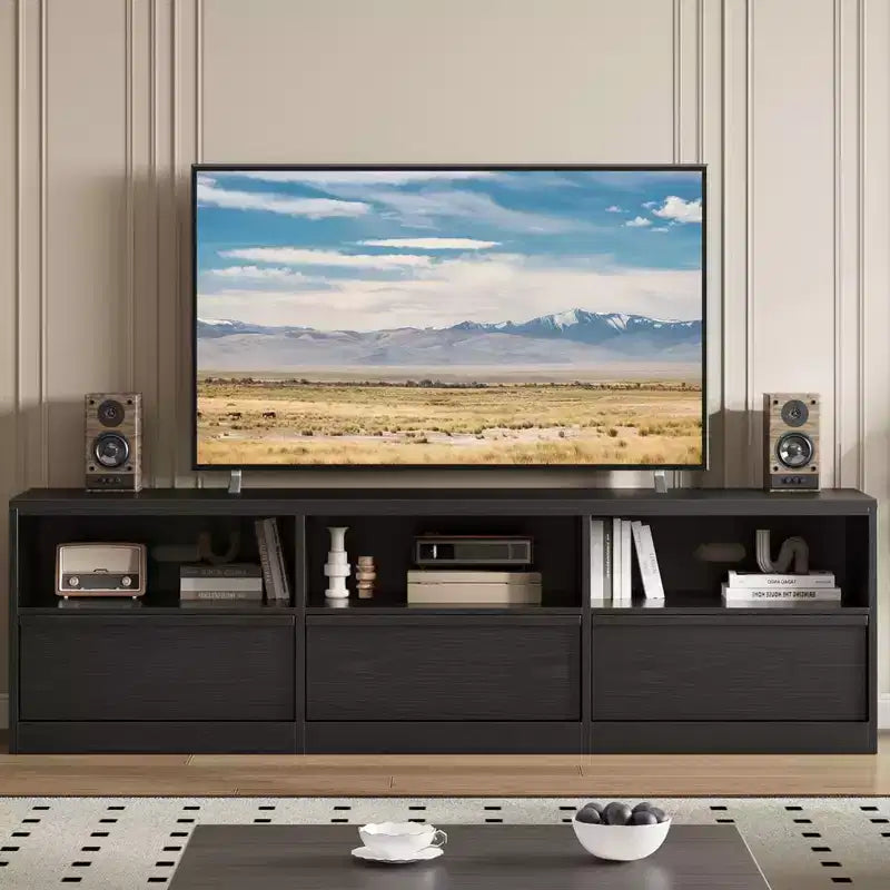70 inch TV Stand for 80 TVs; Mid Century Modern Entertainment Center with Storage Drawer & Open Shelves; Wood Media Console Cabinet for Living Room