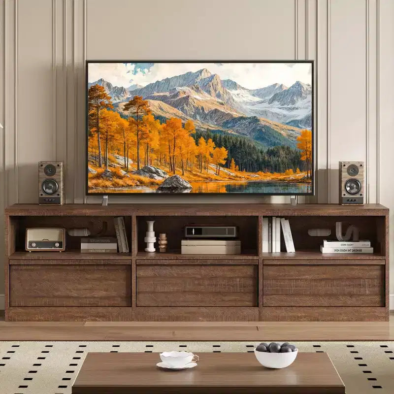 Meuble TV de divertissement moderne du milieu du siècle avec tiroir de rangement et étagères ouvertes