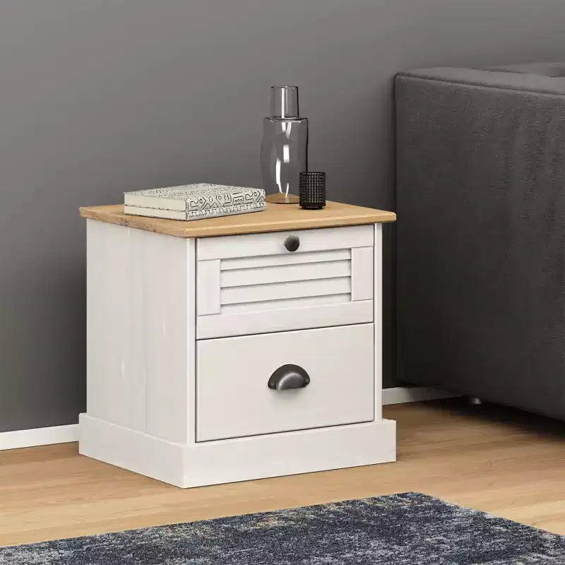 Bedside Cabinet White Solid Pine Wood; Engineered Wood; Metal