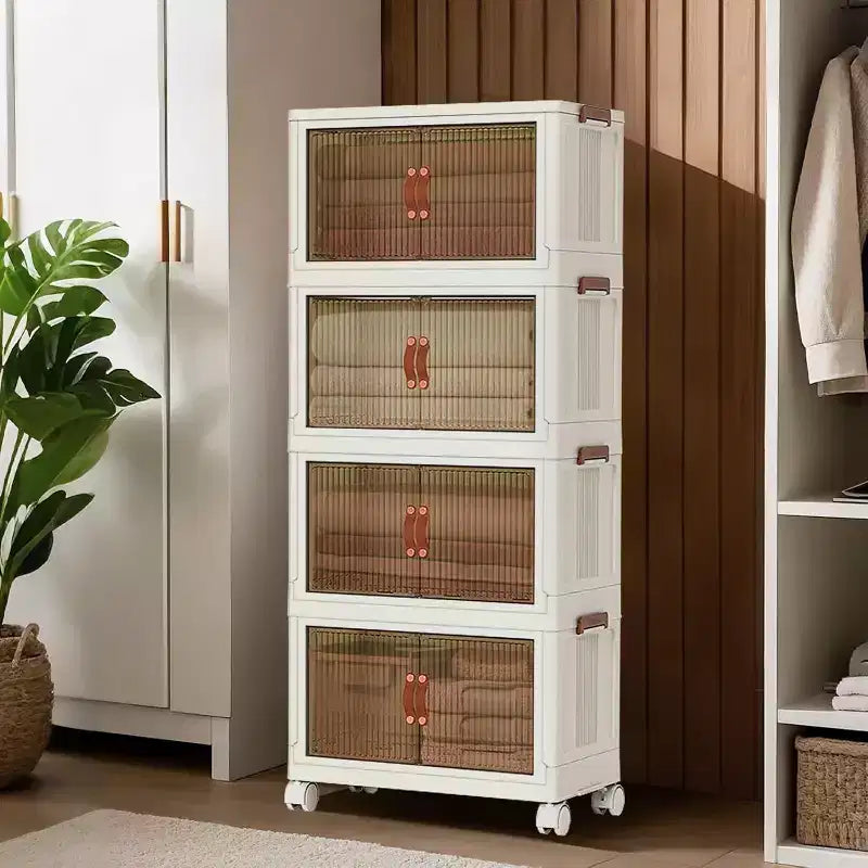 Stackable 4-Layer Storage Boxes; Plastic Storage Cabinet Capacity; with Door and Wheels for Storing Food