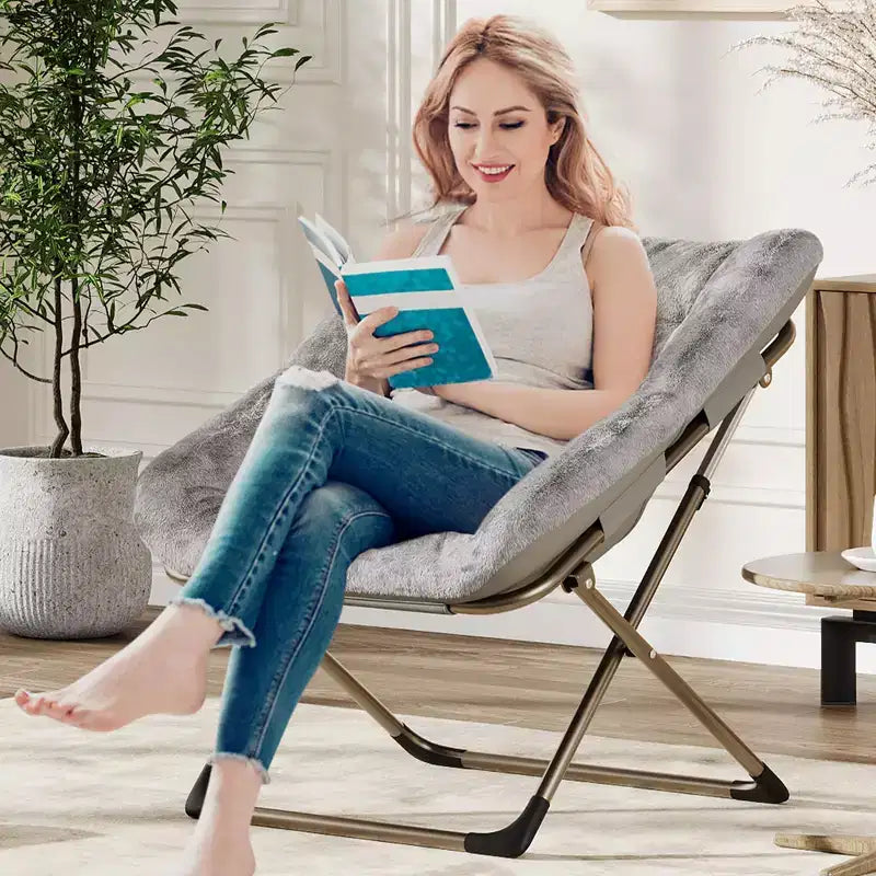 Folding Saucer Chair for Adults; Comfortable Living Room Lounge Chair with Soft Faux Fur Cushion; No Assembly Required; Foldable Accent Furniture