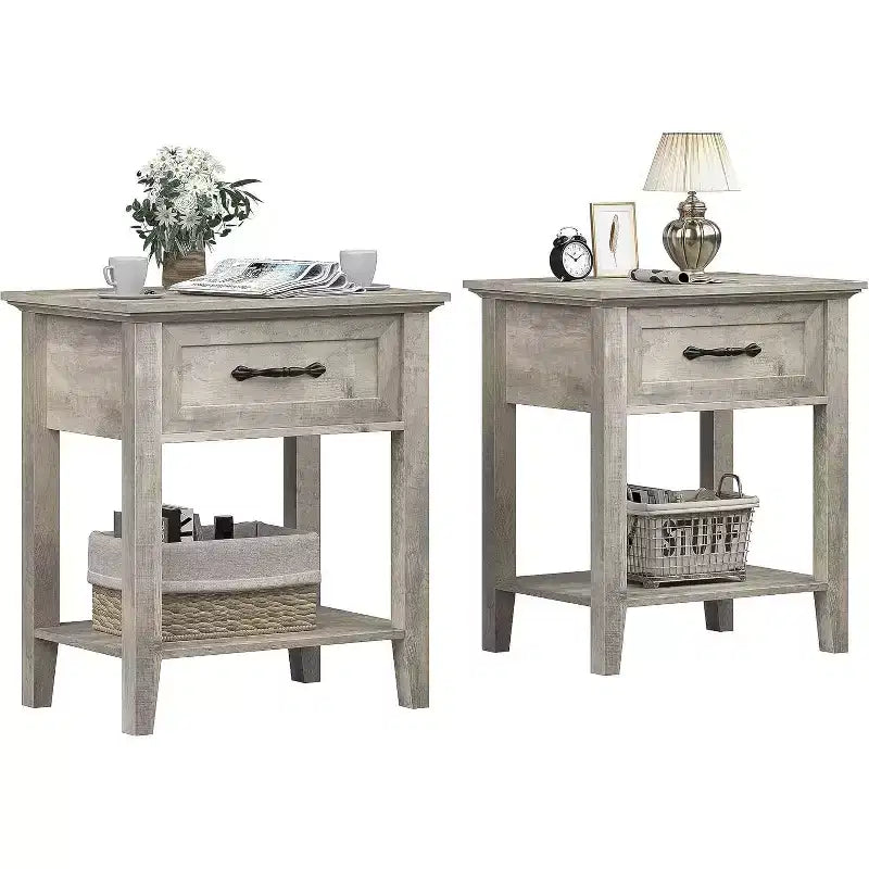 GustoWave 2-Tier Nightstand Set of 2; Nightstand with Storage Drawer; Modern Bedside End Tables for Small Spaces; Multi-Functional Side Table