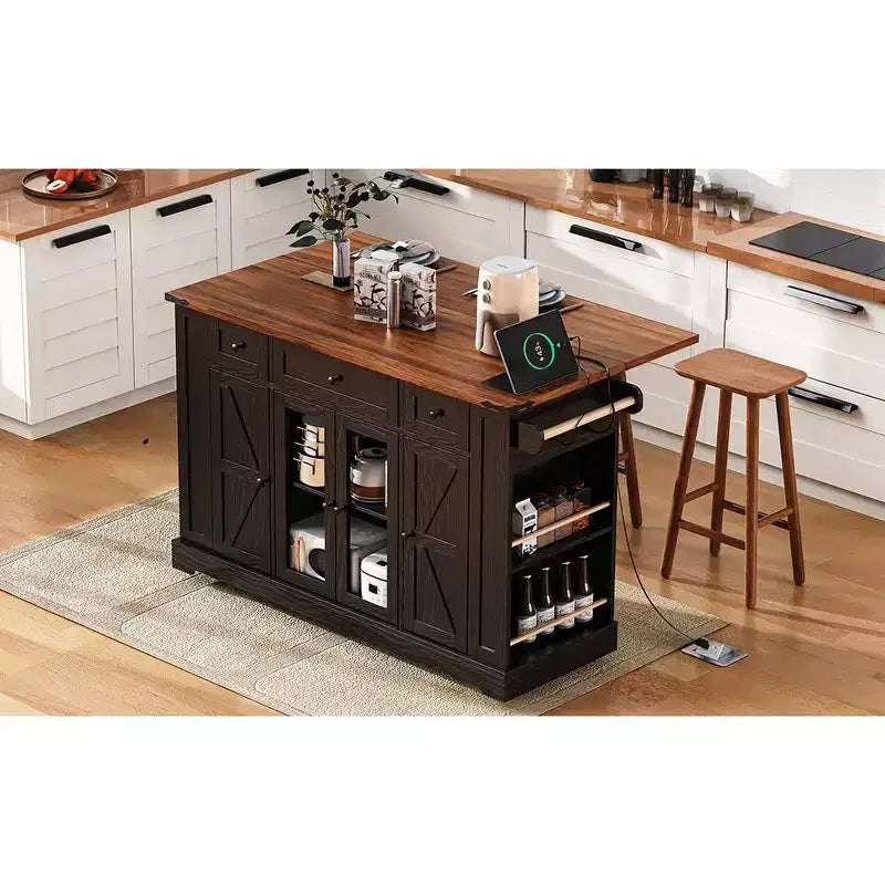 53'' Kitchen Island with ;Rolling Kitchen Island on Wheels with 5 Open Side Racks and 3 Drawers; Kitchen Cart for Dining Room