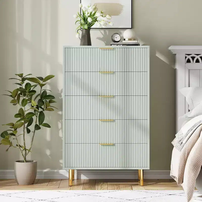 Commode à 5 tiroirs moderne en bois et meuble de rangement double