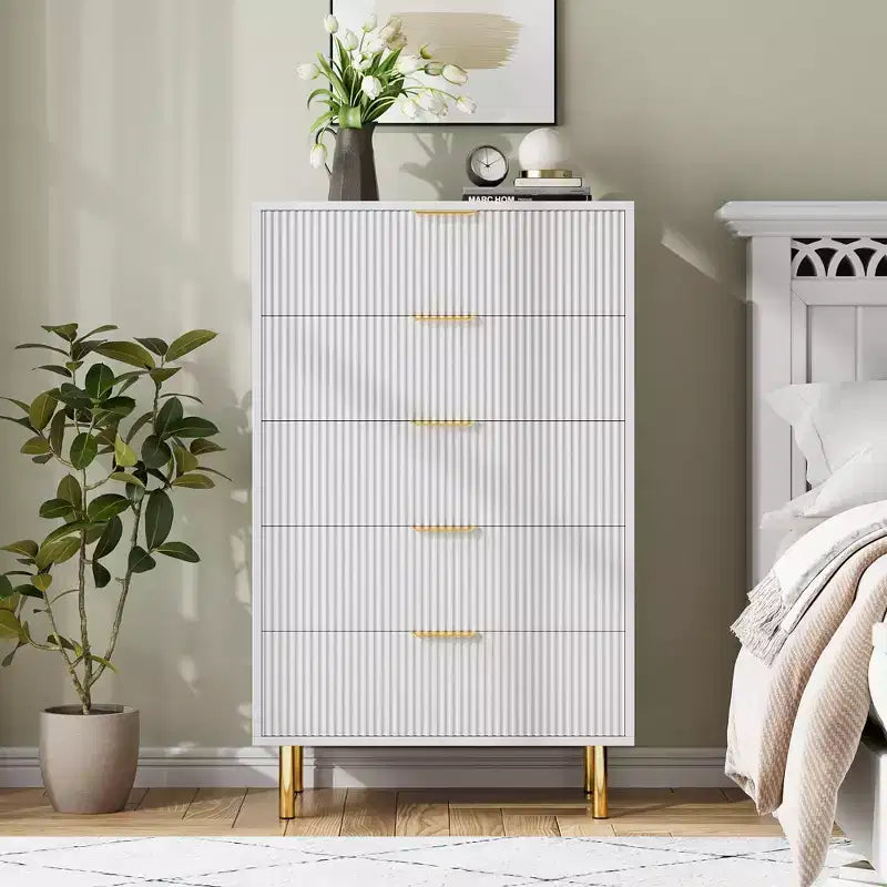 Commode à 5 tiroirs moderne en bois et meuble de rangement double