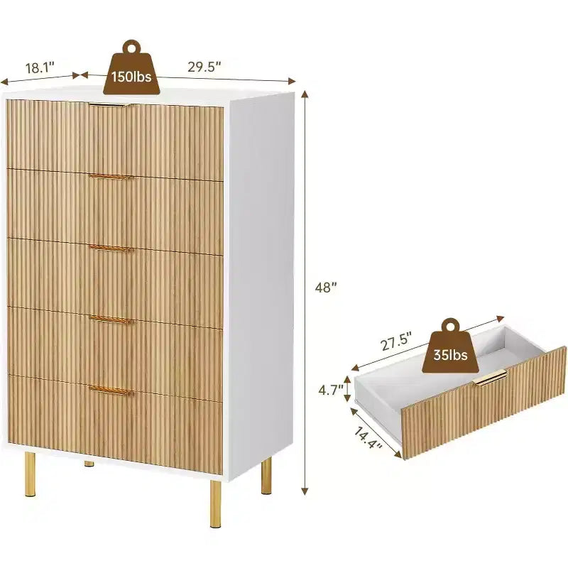 Commode à 5 tiroirs moderne en bois et meuble de rangement double