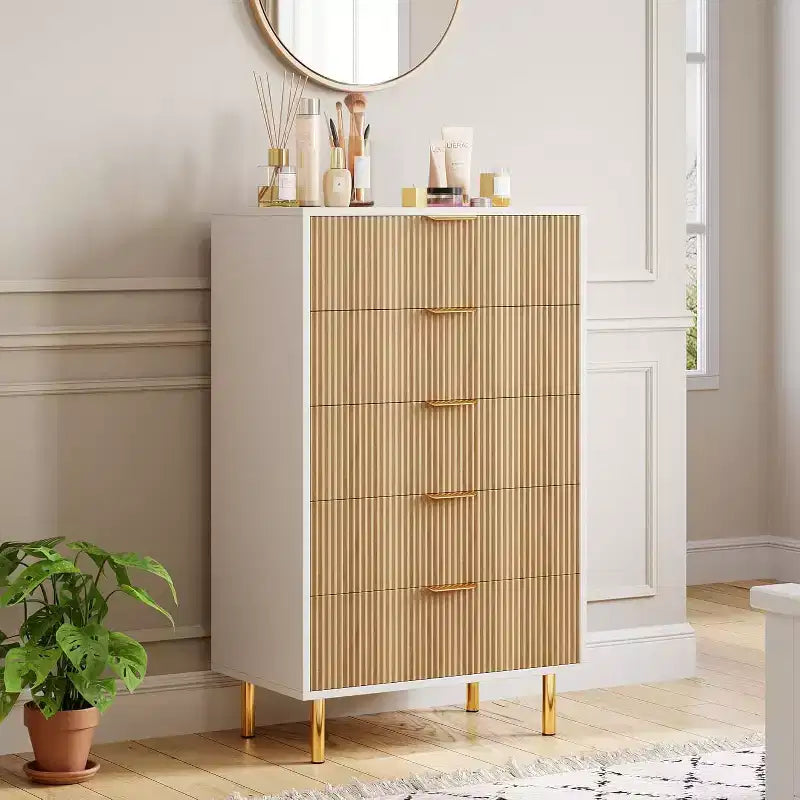 Commode à 5 tiroirs moderne en bois et meuble de rangement double