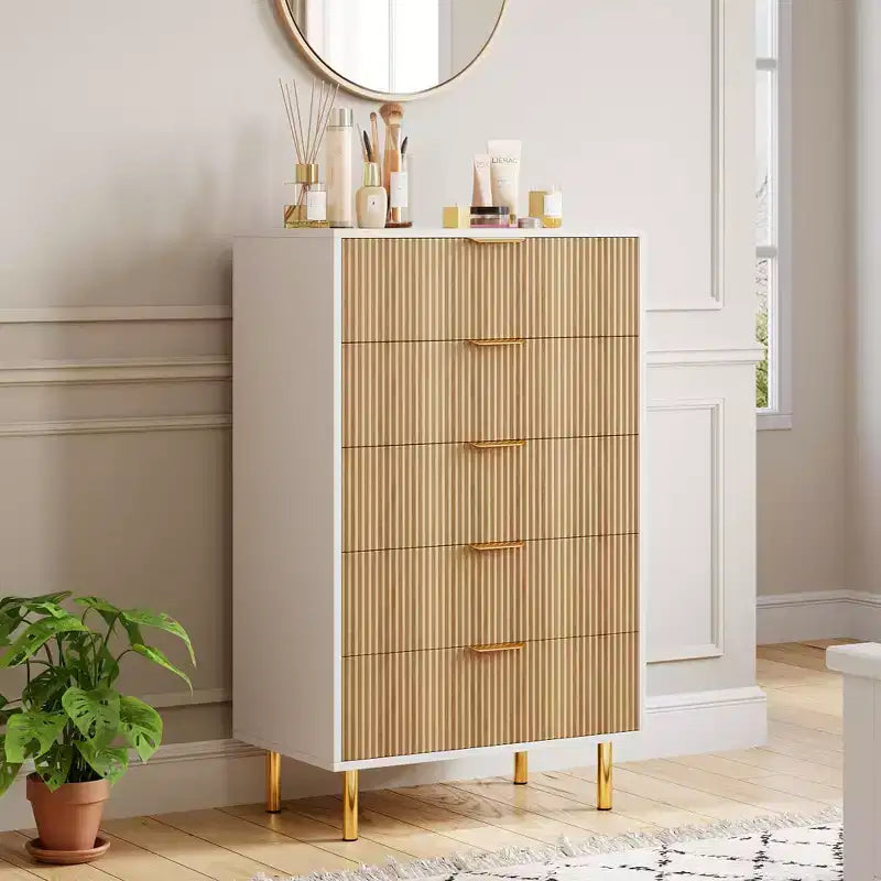 Commode à 5 tiroirs moderne en bois et meuble de rangement double